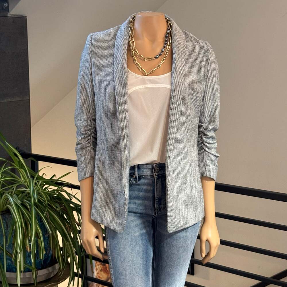 H&M Gray Herringbone Open Front Ruched 3/4 Sleeve Blazer Jacket Size 8 Business